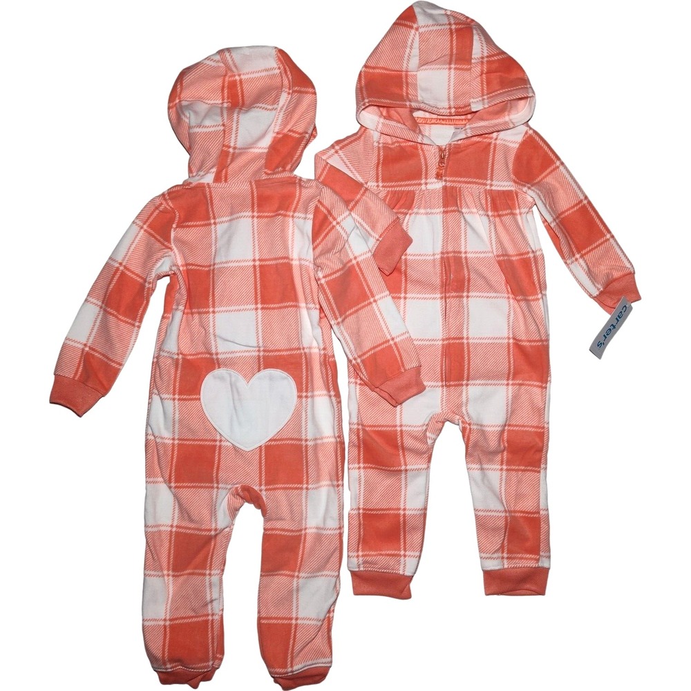 Carter's Pink Fleece 18 Mos Hooded Longall Heart Outfit Jumpsuit White Plaid NWT